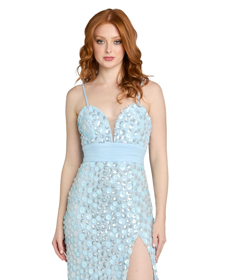 Morgan & Company Juniors' Sequin Paillettes Front-Side Slit Long Gown