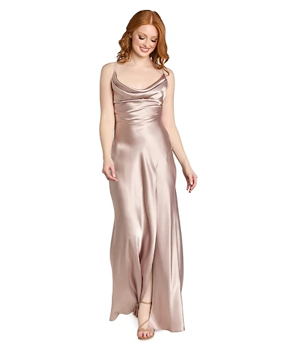 Morgan & Company Juniors' Drape Back Cowl Neck Long Gown