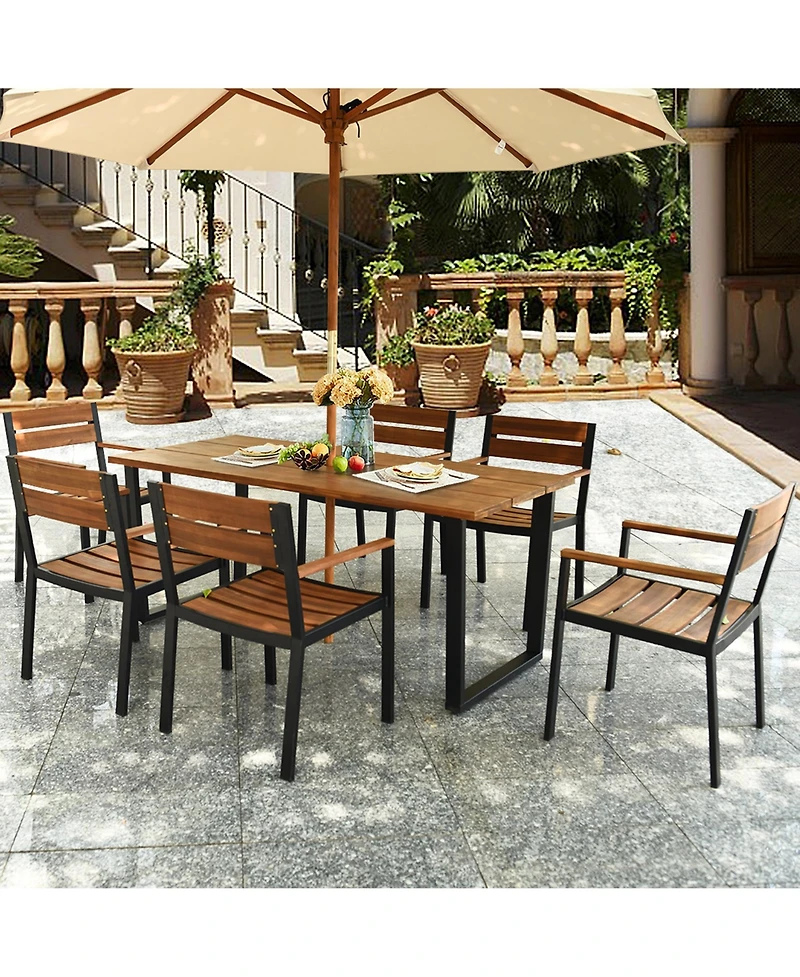 Gymax Patented 7PCS Patio Dining Set Outdoor Furniture Set w/ 6 Armchairs Umbrella Hole