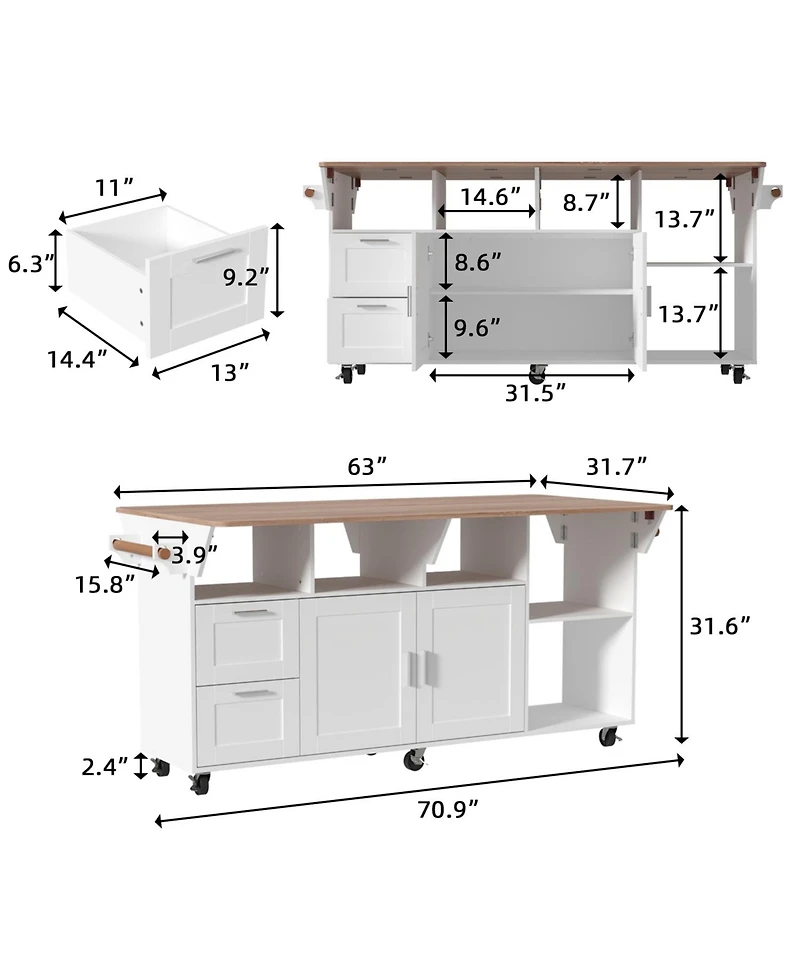 Homsee Kitchen Cart with 2-Drawer 2-Door, Internal Storage Racks, Rolling Island with Cabinet