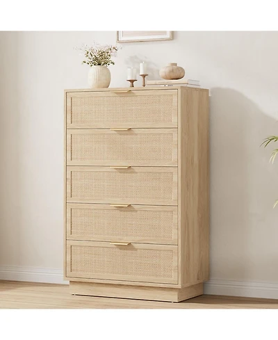 gaomon 5 Drawer Rattan Dresser for Bedroom, Integrated Cabinet Body & Legs Design Entryways and Closet, Easy Assembly