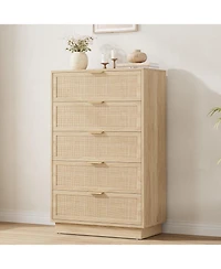 gaomon 5 Drawer Rattan Dresser for Bedroom, Integrated Cabinet Body & Legs Design Entryways and Closet, Easy Assembly
