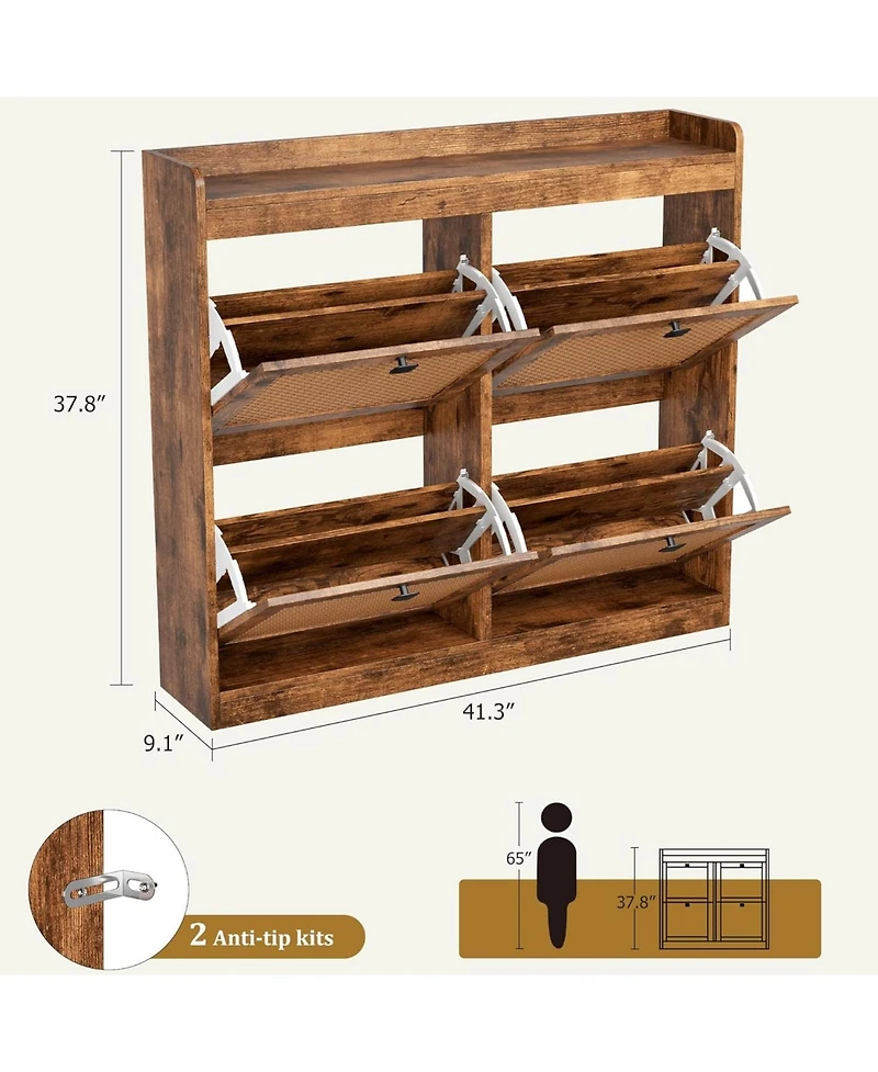 gaomon 2PCS Of Shoe Cabinet with 4 Deep Flip Drawers Base Freestanding Wooden Shoe Storage Cabinet with Rattan Door and 3-Tier Adjustable Shelves