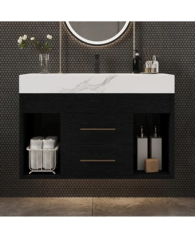 Sillysis 29.9" Floating Bathroom Vanity with Ceramic Sink, Sintered Stone Top, 2 Soft Close Drawers