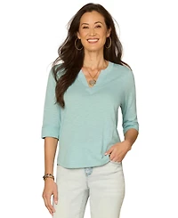 Democracy Petite 3/4-Sleeve Split Neckline Knit Top