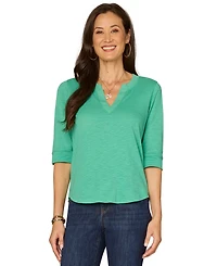 Democracy Petite 3/4-Sleeve Split Neckline Knit Top