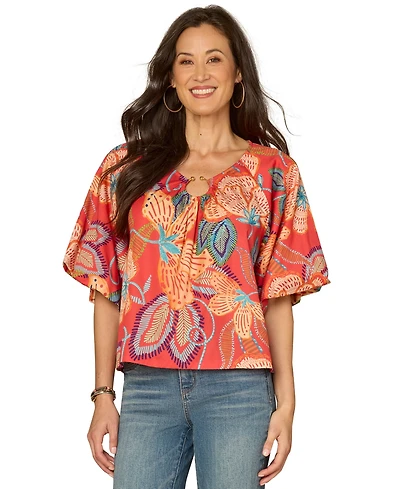 Democracy Petite Bubble Bell-Sleeve V-Neck Printed Woven Top