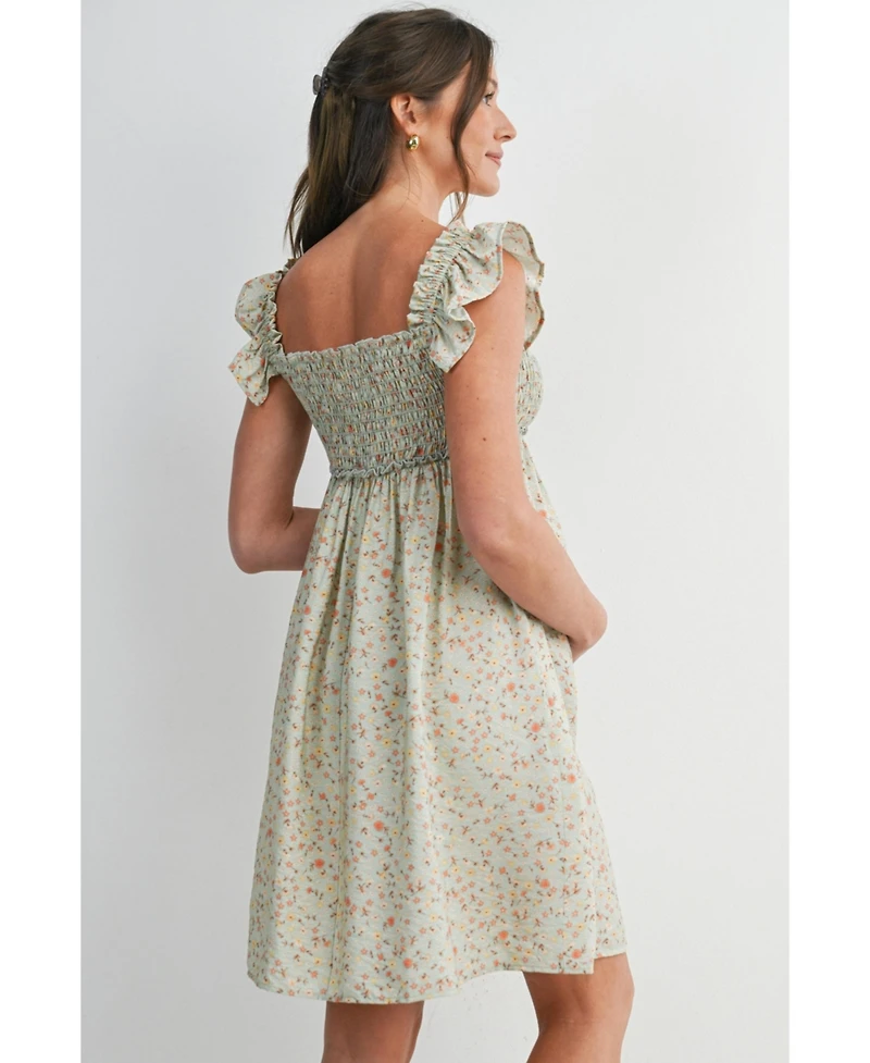 Hello Miz Maternity Smocked Floral Dress with Ruffle Cap Sleeves