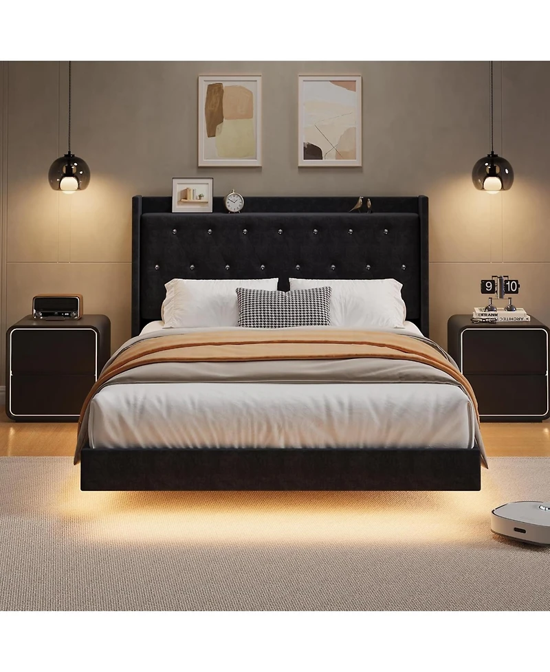 gaomon Bed Frame with Led Lights, Modern Wood Floating Bed Frame with Storage