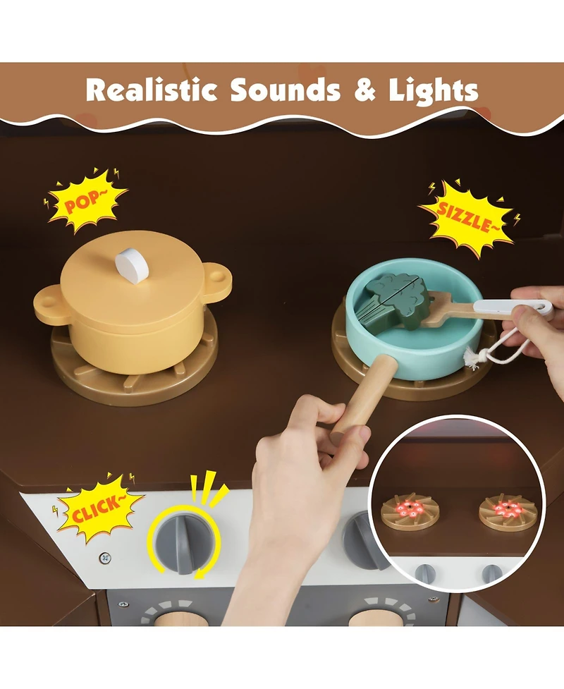 Mecale Corner Kitchen Toys with Lights & Sounds, Pull-Out Trash Can Stove for Kids