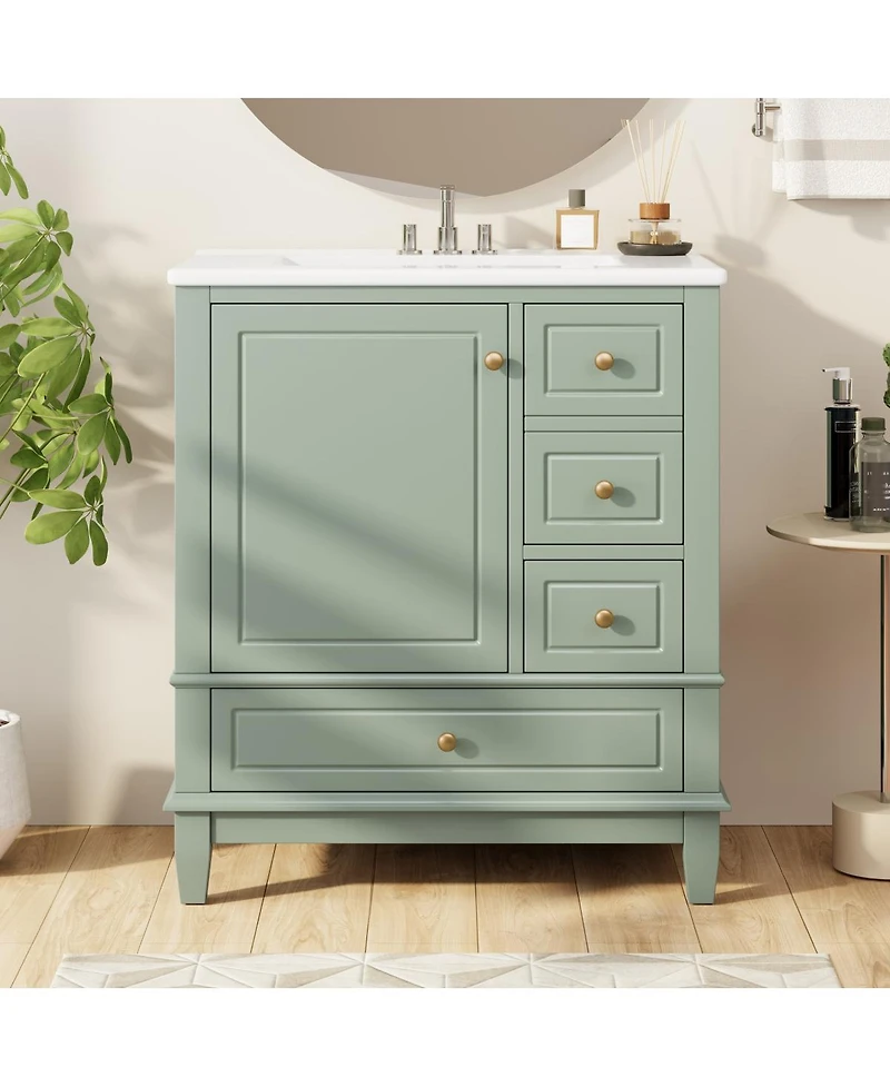 Sillysis 30" Solid Wood & Mdf Vanity Ceramic Sink Soft Close Storage Bathroom Vanity