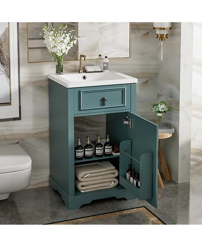 Sillysis Bathroom Vanity with Ceramic Sink, Soft Close Door, Adjustable Shelf & Door Storage for Small Bathrooms