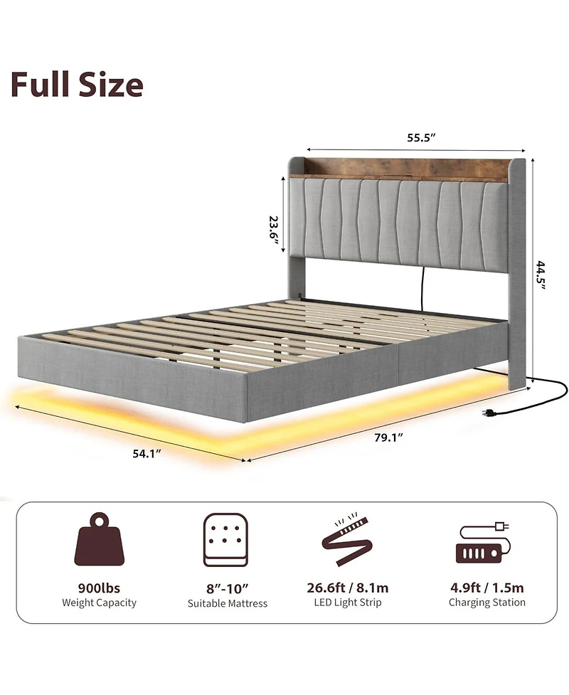gaomon Floating Bed Frame with Led Lights & Charging Station Upholstered Platform Storage Headboard Wood Slats Support Easy to Assemble