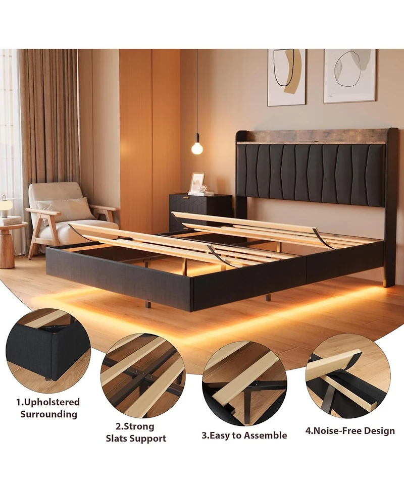 gaomon Floating Bed Frame with Led Lights & Charging Station Upholstered Platform Storage Headboard Wood Slats Support Easy to Assemble