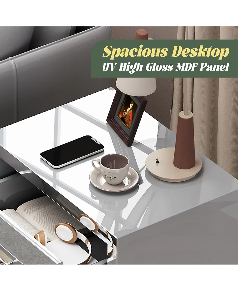 Rainsken High Gloss Mirrored Nightstand, Modern Wood End Table with 2 Drawers and Metal Handle, Bedside End Table for Bedroom