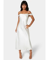 Bebe Women's Drape Shoulder High Slit Satin Maxi Dress