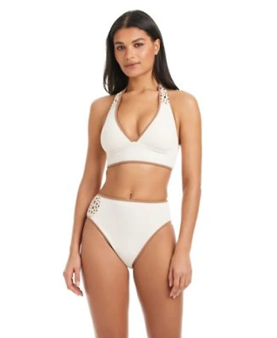 Sanctuary Womens V Neck Ribbed Crochet Bikini Halter Top Beachy Keen High Rise Swim Bottoms