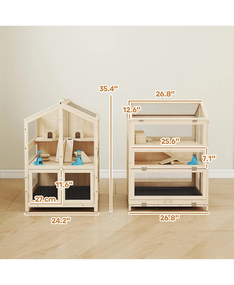 PawHut Wooden Hamster Cage 3 Tier with Pull-Out Tray, Hut, Seesaws, Ramps