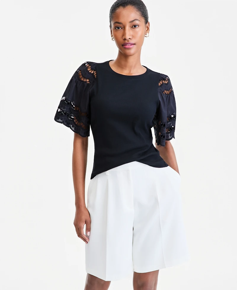 On 34th Women's Eyelet Puff Sleeve Ribbed Knit Top, Macy's Exclusive