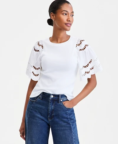 On 34th Women's Eyelet Puff Sleeve Ribbed Knit Top, Macy's Exclusive