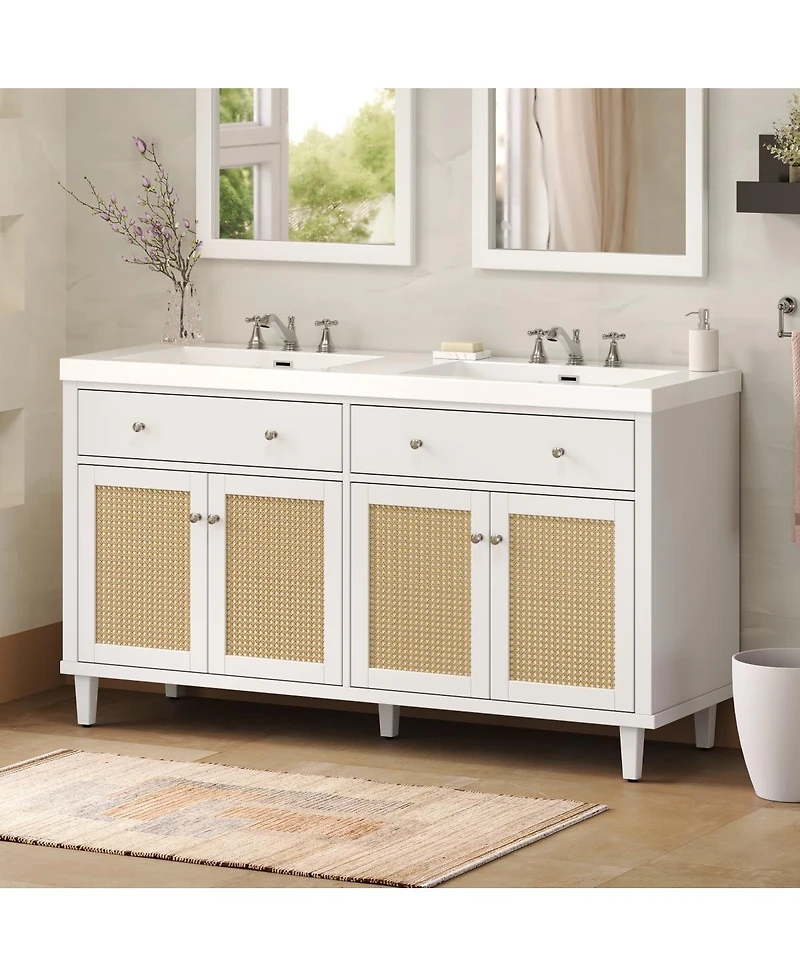 Sillysis 60" Double Sink Bathroom Vanity, Modern Solid Wood Freestanding Cabinet with Smc Top, Rattan Doors & Flip-Out Tray
