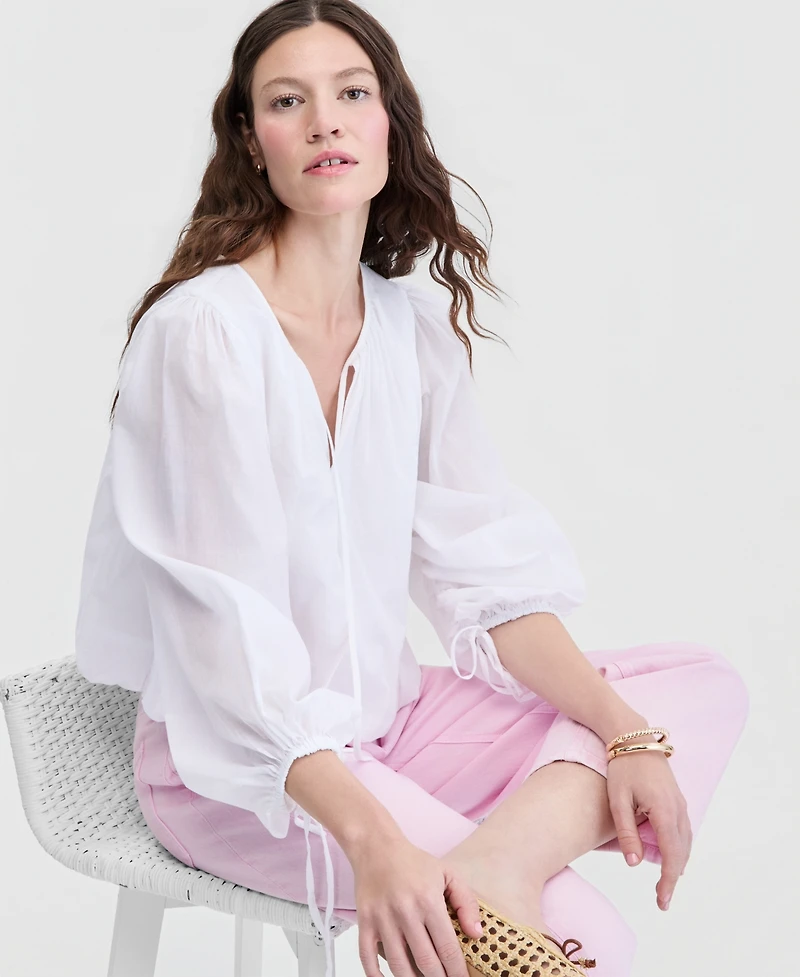 On 34th Women's Cotton Solid Tie-Front Volume-Sleeve Blouse, Macy's Exclusive