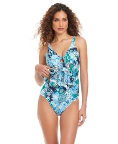 Beyond Control Womens Front Cascade Printed Tankini High Waisted Swim Bottoms