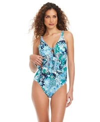 Beyond Control Womens Front Cascade Printed Tankini High Waisted Swim Bottoms