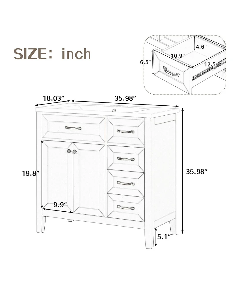 Sillysis 36" Bathroom Vanity with Ceramic Sink, Solid Wood Frame, Storage Cabinet & Drawers for Modern Bathrooms