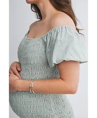 Hello Miz Maternity Off-the-Shoulder Smocked Bodycon Midi Dress with Ruffle Hem