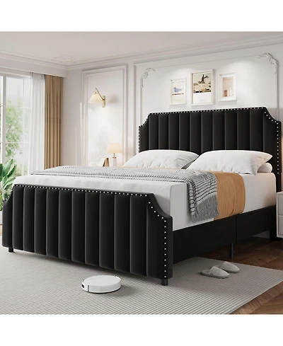 gaomon Velvet Bed Frame, Vertical Channel Tufted Tall Headboard and Footboard with Nailhead Trim, Upholstered Platform Bed