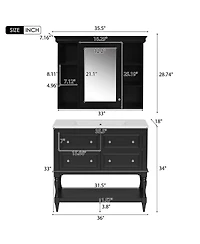 Sillysis 36'' Luxury Bathroom Vanity Set with Mirror Cabinet, Solid Wood & Mdf, Large Storage Shelf for Modern Bathrooms