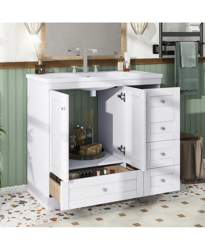 Sillysis 36" Shaker Bathroom Vanity with Resin Sink, 4 Soft Close Drawers & 2 Doors, Ample Storage for Modern Homes