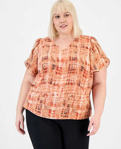 Kasper Plus V-Neck Tulip-Sleeve Top
