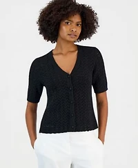 Kasper Womens Textured Stitch Short Sleeve Cardigan