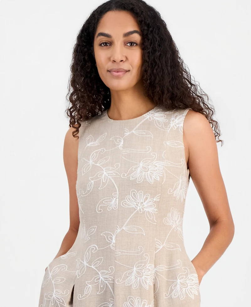 Kasper Petite Box Pleated Crewneck Midi Dress