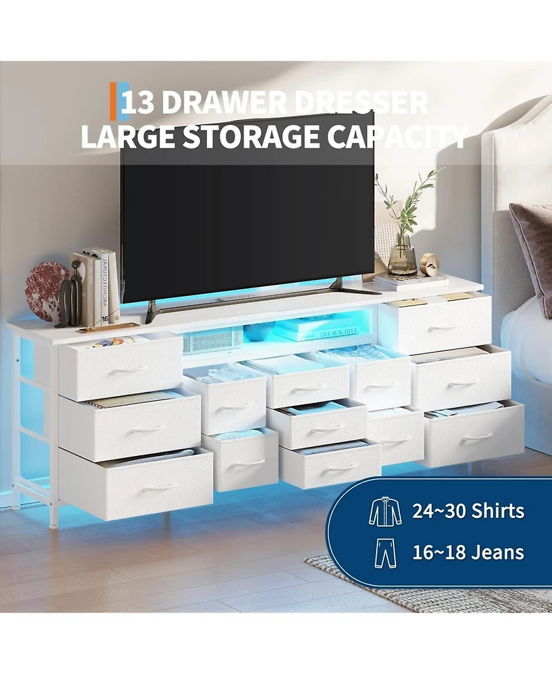 gaomon 70 Inch Long Dresser with 13 Drawers, Tv Stand for 65-80 Charging Station & Led Lights