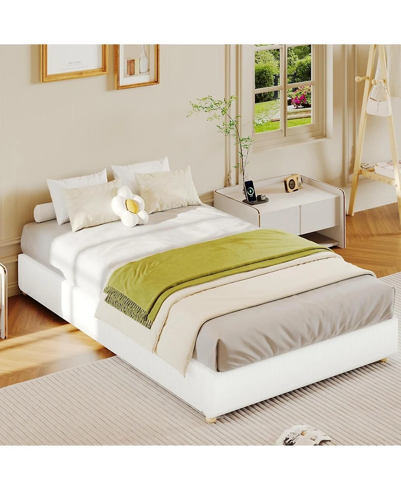gaomon Cloud Bed Frame, Corduroy Soft Fabric Low Frames with Solid Wood Round Legs