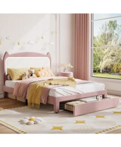 Gaomon Full Upholstered Led Bed Frame With Storage Drawer Cute Cat Headboard Velvet Princess Platform Bed Frame