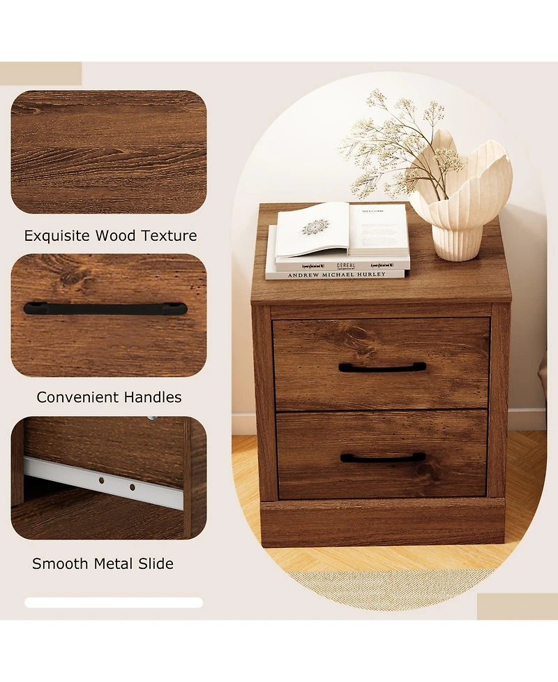 Gymax Set of 2 Drawer Nightstand Bedside Table Compact Sofa End Table Rustic Walnut