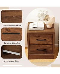 Gymax Set of 2 Drawer Nightstand Bedside Table Compact Sofa End Table Rustic Walnut