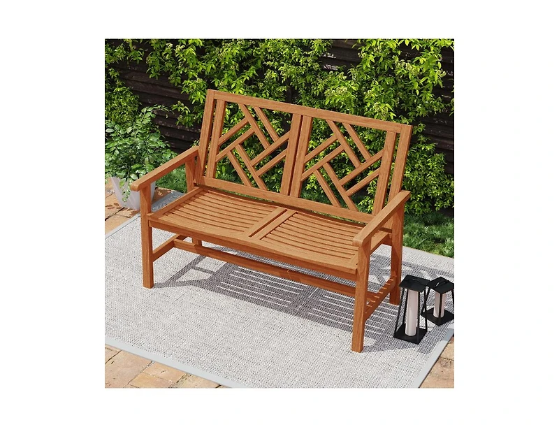 Slickblue 2 Person Wood Outdoor Bench with Geometric Backrest