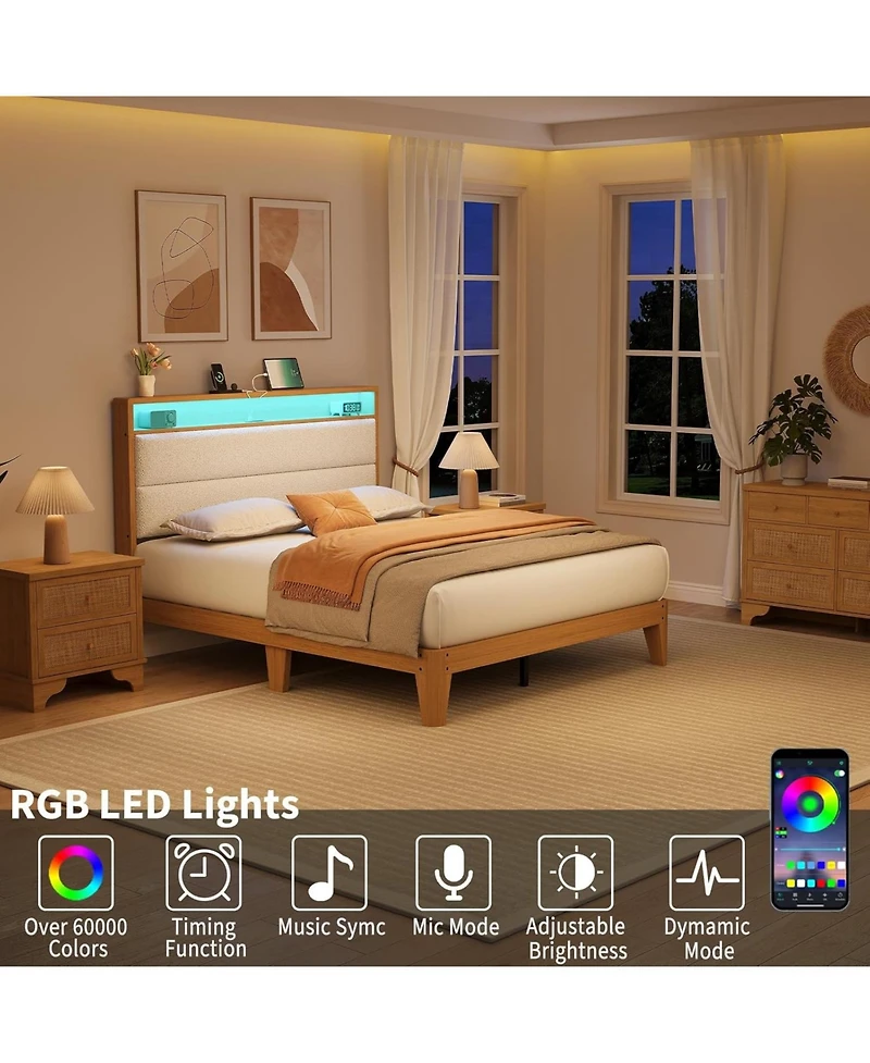 gaomon Size Bed Frame, Boucle Platform Bed Frame with Led Lights, Upholstered Headboard with Built-in Charging Station, No Box Spring Needed