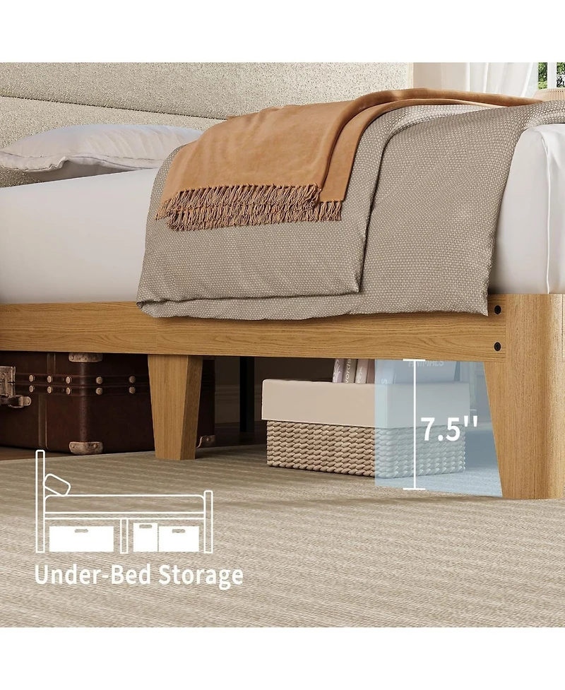 gaomon Bed Frame, Boucle Platform Frame with Led Lights, Upholstered Headboard Built-in Charging Station
