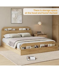 gaomon Queen Size Bed Frame, Wooden Bed with Storage Headboard and Footboard, Floor-Low Platform Bed with Wooden Slats Design, No Box Spring Needed