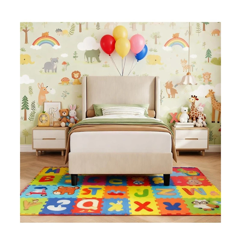 gaomon Bed Frame with Upholstered Headboard,Wooden Platform Bed Frame with 2 Storage Pockets,Vertical Channel Tufted Wingback,Strong Wooden Slats