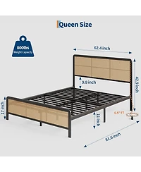 gaomon Rattan Platform Bed Frame with Led Light Headboard, Modern Style Cane Boho Frames Sturdy Steel Slat Support, Heavy