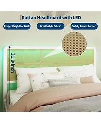 gaomon Size Rattan Platform Bed Frame with Led Light Headboard, Modern Style Cane Boho Bed Frames with Sturdy Steel Slat Support, Heavy