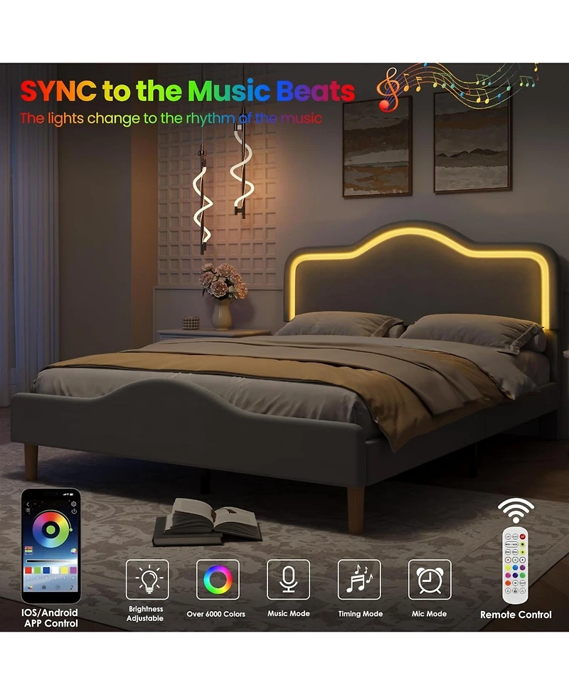 gaomon Bed Frame Adjustable Led Headboard Velvet Upholstered Platform Wooden Slats No Box Spring