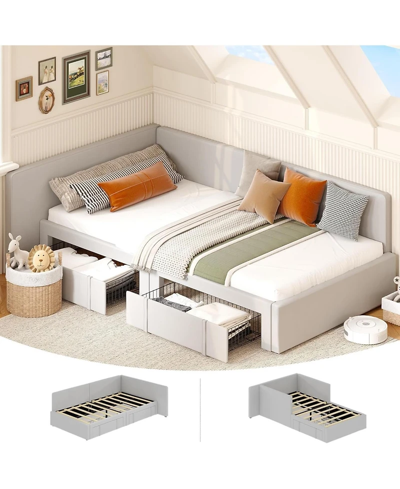 gaomon Twin Daybed 2 Storage Drawers Velvet Upholstered Corner Bed Extended Headboard Guardrail Adjustable